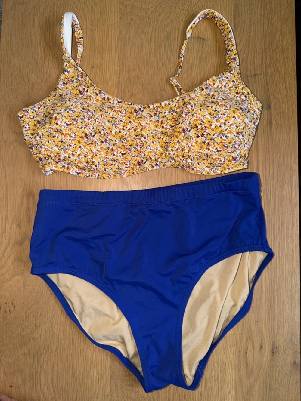Abercrombie & Fitch Yellow Floral Bikini Top with Blue High-Waist Bottoms